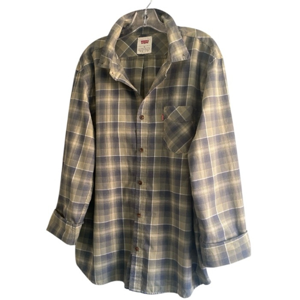 Levi’s XL Plaid Button Down Shirt Green Blue Tan Workwear Pocket Classic Fit EUC